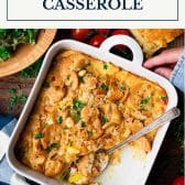 Dish of southern squash casserole with text title box at top