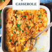 White dish of yellow squash casserole with text title overlay