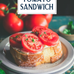 Southern tomato sandwich on a white plate with a text title overlay