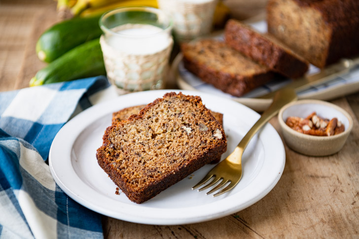 Plate of two slices of banana zucchini bread