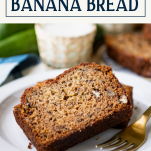 Slices of banana zucchini bread on a plate with text title box at top