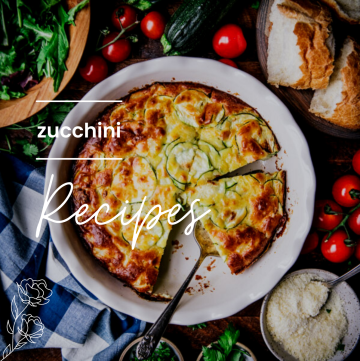 Zucchini pie image on square featured photo with text overlay