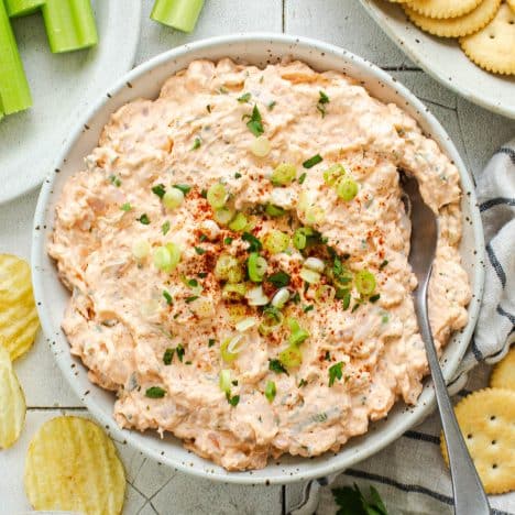 Square overhead shot of cold shrimp dip in a serving bowl.