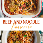 Long collage image of beef noodle casserole