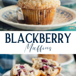 Long collage image of blackberry muffins