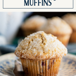 Blackberry muffins on a plate with text title box at top