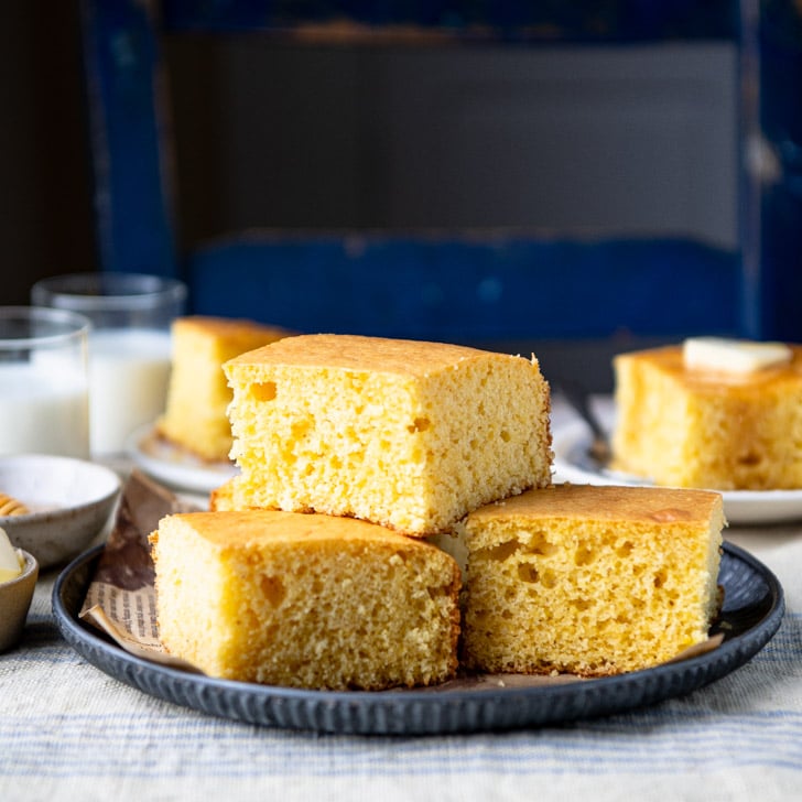 Square side shot of platter of jiffy cornbread with cake mix