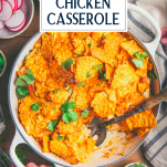 Pan of dorito chicken casserole with text title overlay