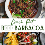 Long collage image of crock pot beef barbacoa