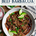 Bowl of beef barbacoa with text title box at top