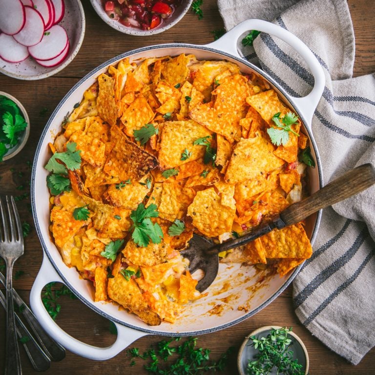 Large square featured image of a pan of Dorito chicken casserole