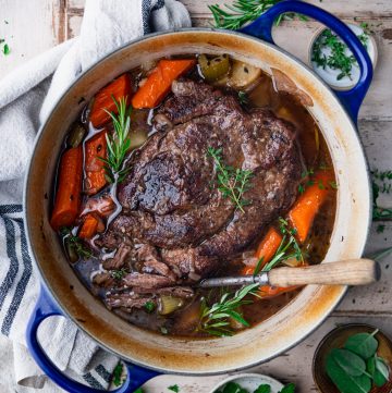 Square overhead featured image of a dutch oven pot roast