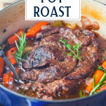 Dutch oven pot roast with text title overlay