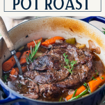 Side shot of Dutch oven pot roast with text title box at top
