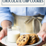Hands holding a plate of easy chocolate chip cookies with text title box at top