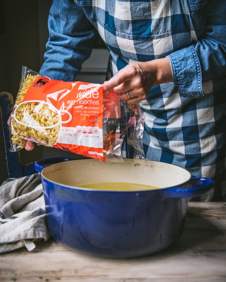 Adding egg noodles to Dutch oven