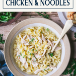 Overhead shot of a bowl of chicken and noodles with text title box at top