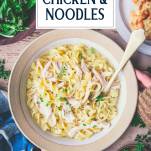 Hands holding a bowl of chicken and noodles with text title overlay