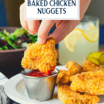 Dipping homemade baked chicken nuggets with text title overlay