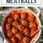 Pan of porcupine meatballs with text title box at top