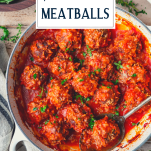 Pan of porcupine meatballs with text title overlay