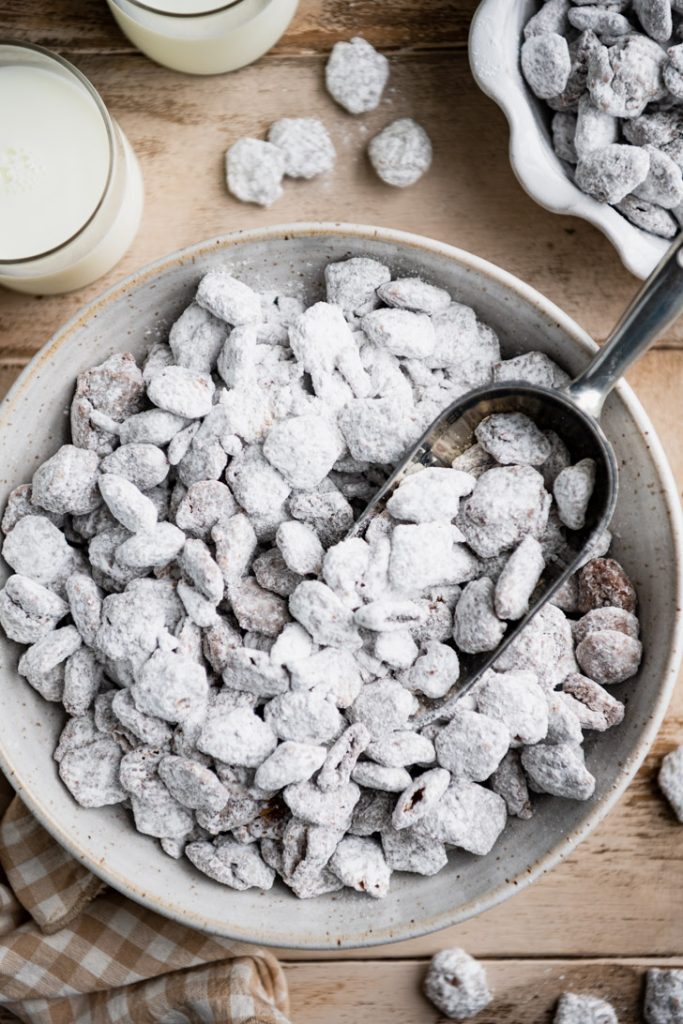 Close overhead image of a bowl of puppy chow with a scoop