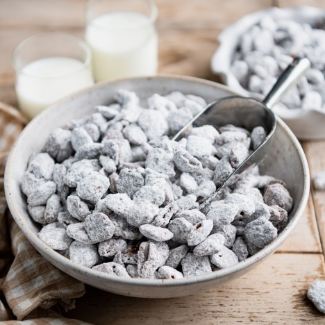 Close up featured square image of a bowl of puppy chow