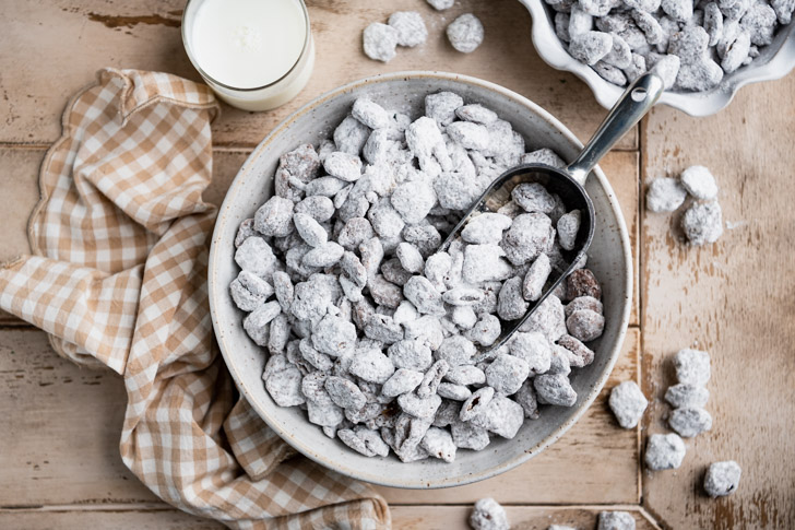 Horizontal overhead image of a bowl of puppy chow