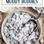 Overhead shot of a bowl of puppy chow with text title box at top