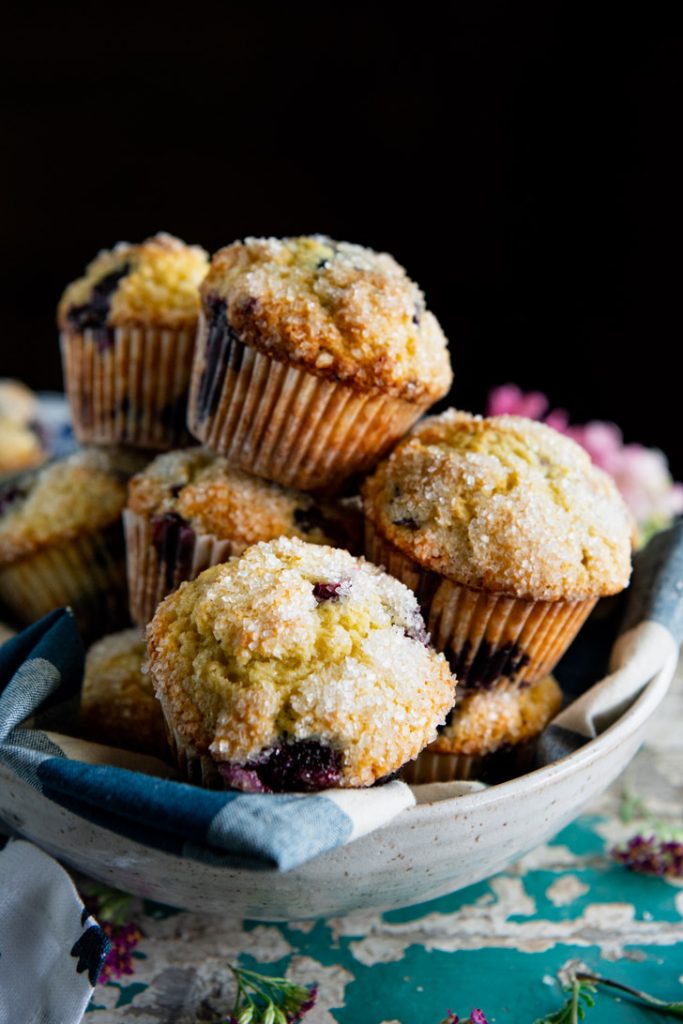 Bowl of coffee house blueberry muffins