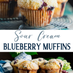 Long collage image of sour cream blueberry muffins