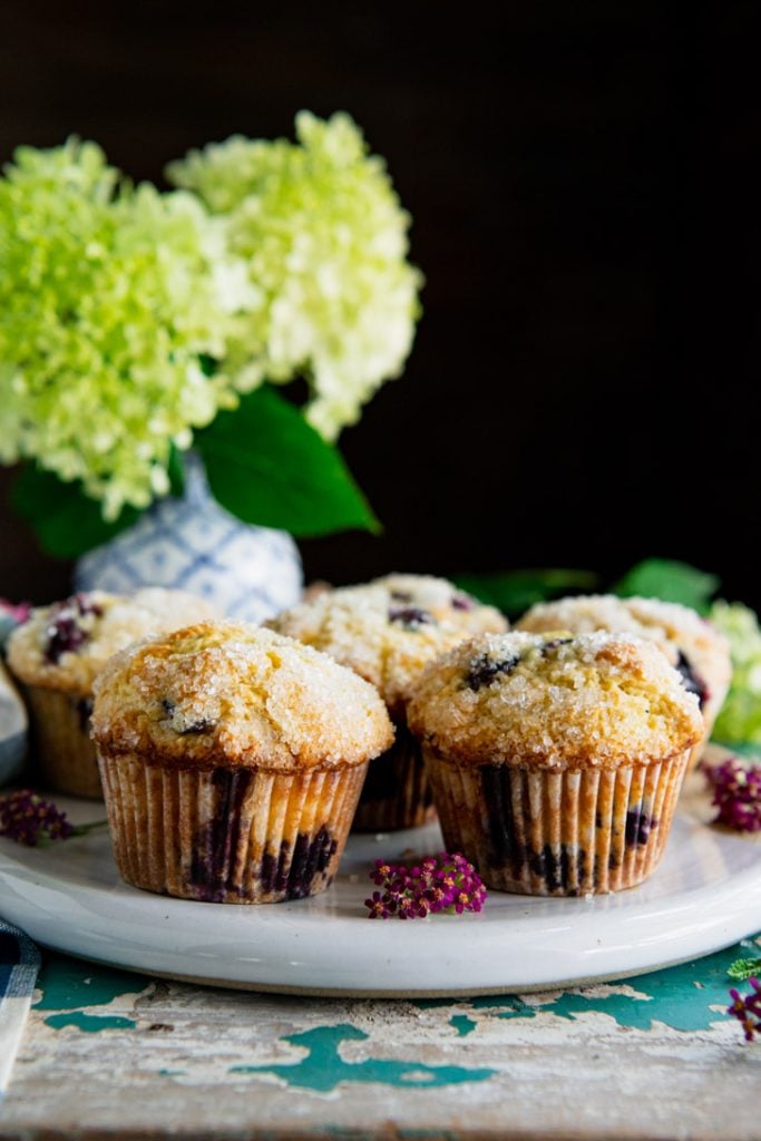 Blueberry muffins with sour cream on a white platter with flowers in the background