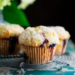 Square featured image of sour cream blueberry muffins on a wire rack