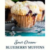 Sour cream blueberry muffins with text title at the bottom.