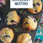 Pan of blueberry muffins with text title overlay