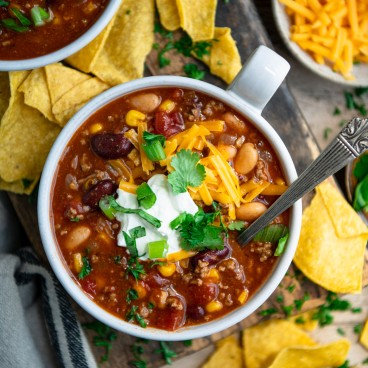 Large square overhead image of taco soup