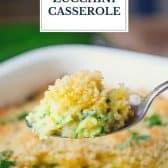 Zucchini casserole with text title overlay.