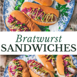 Long collage image of bratwurst sandwiches