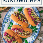 Platter of bratwurst sandwiches with text title box at top