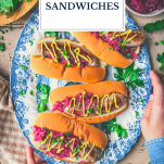 Overhead image of bratwurst sandwiches on a plate with text title overlay