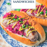 Side shot of bratwurst sandwiches on a plate with text title overlay