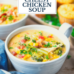 Side shot of a bowl of cheesy crock pot chicken soup with text title overlay