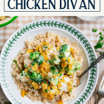 Close overhead shot of chicken divan with text title box at top