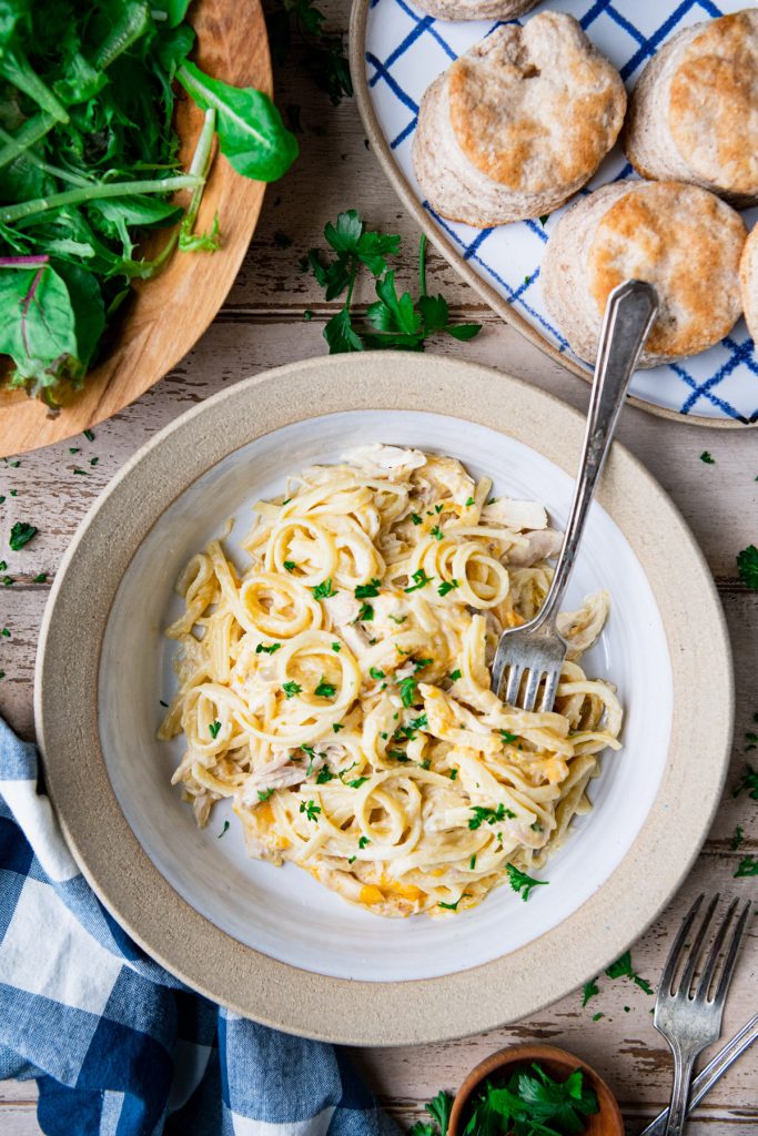 An easy chicken tetrazzini recipe served in a white pasta bowl on a dinner table