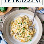 Bowl of chicken tetrazzini with text title box at top