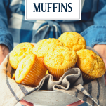 Holding bowl of cornbread muffins with text title overlay