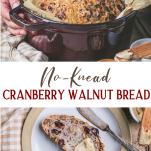 Long collage image of cranberry walnut no knead bread