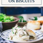 Side shot of creamed chicken on biscuits with text title box at top