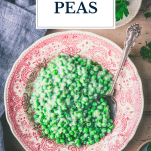 Bowl of creamed peas with text title overlay