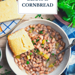 Bowl of crock pot beans and cornbread with a text title overlay